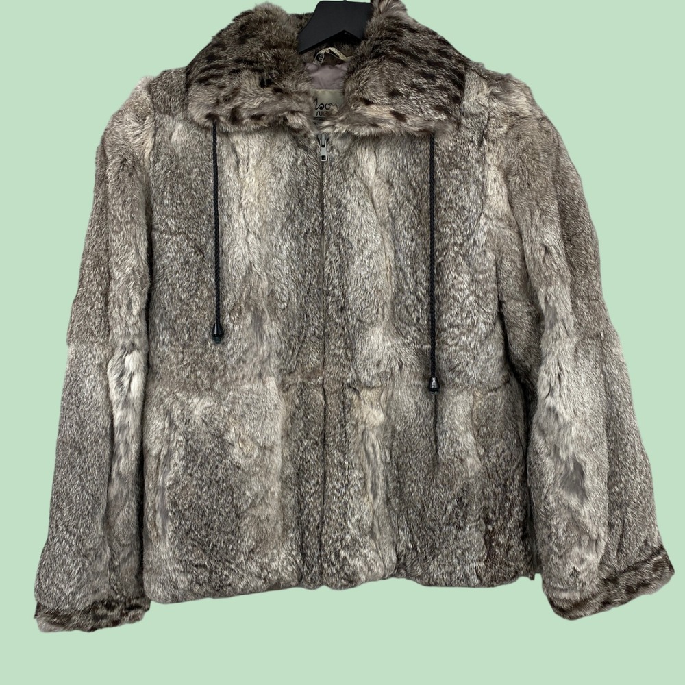 Wilsons Rabbit Fur Jacket Women Large Grey Brown Leopard Collar Zip Up Vintage